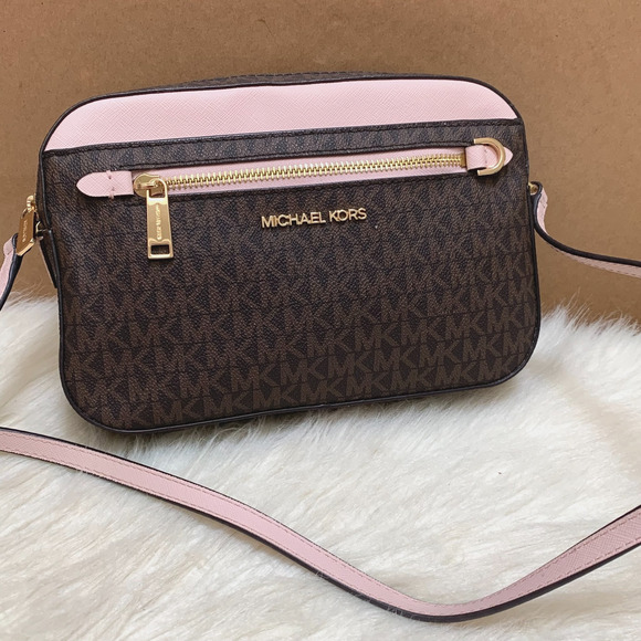 MICHAEL KORS Jet Set Logo Chain Camera XBody Bag Dark Brown Logo Pink Trim - Picture 1 of 16